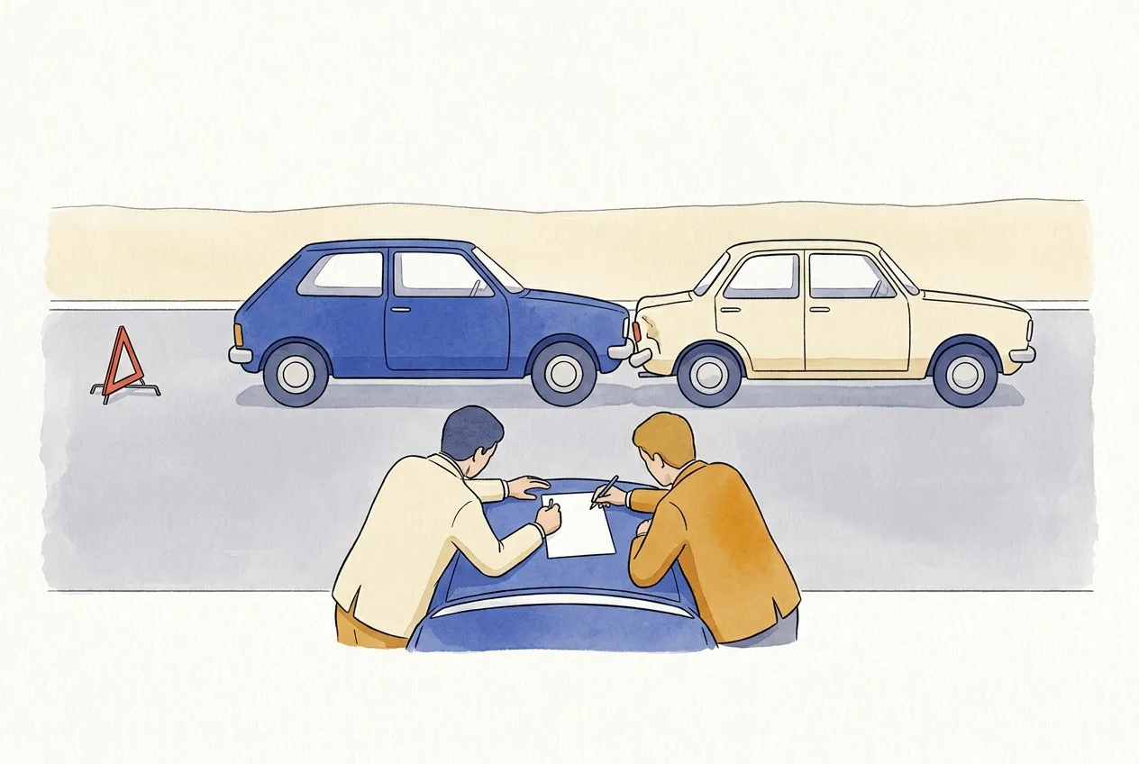 Due auto ferme dopo un lieve tamponamento con triangolo dietro; in primo piano due conducenti di spalle compilano insieme un unico foglio su un cofano